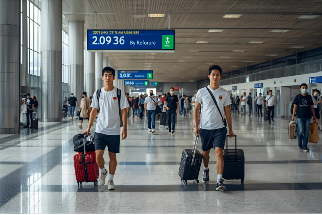 Two Japanese athletes walking at the airport lobby